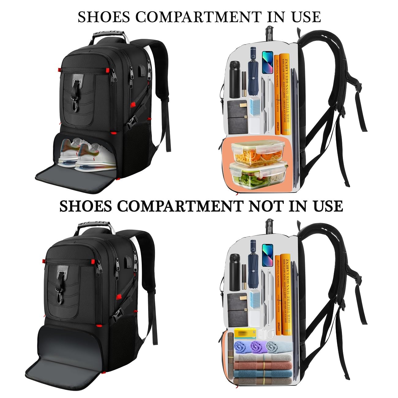 Illustrative example of backpack with shoe compartment