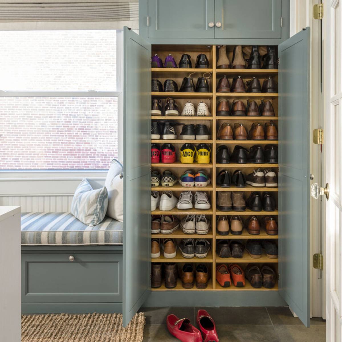 Illustrative example of mudroom shoe storage