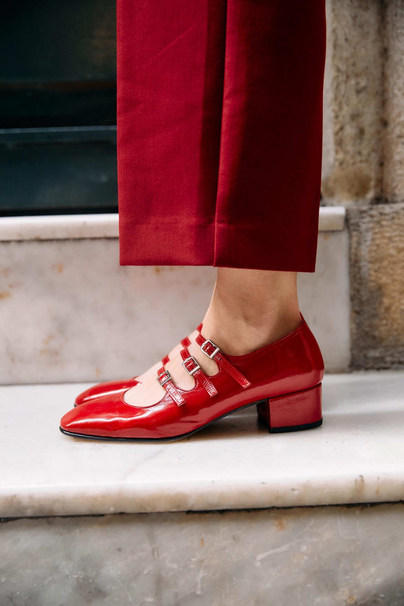 Illustrative example of red mary jane shoes