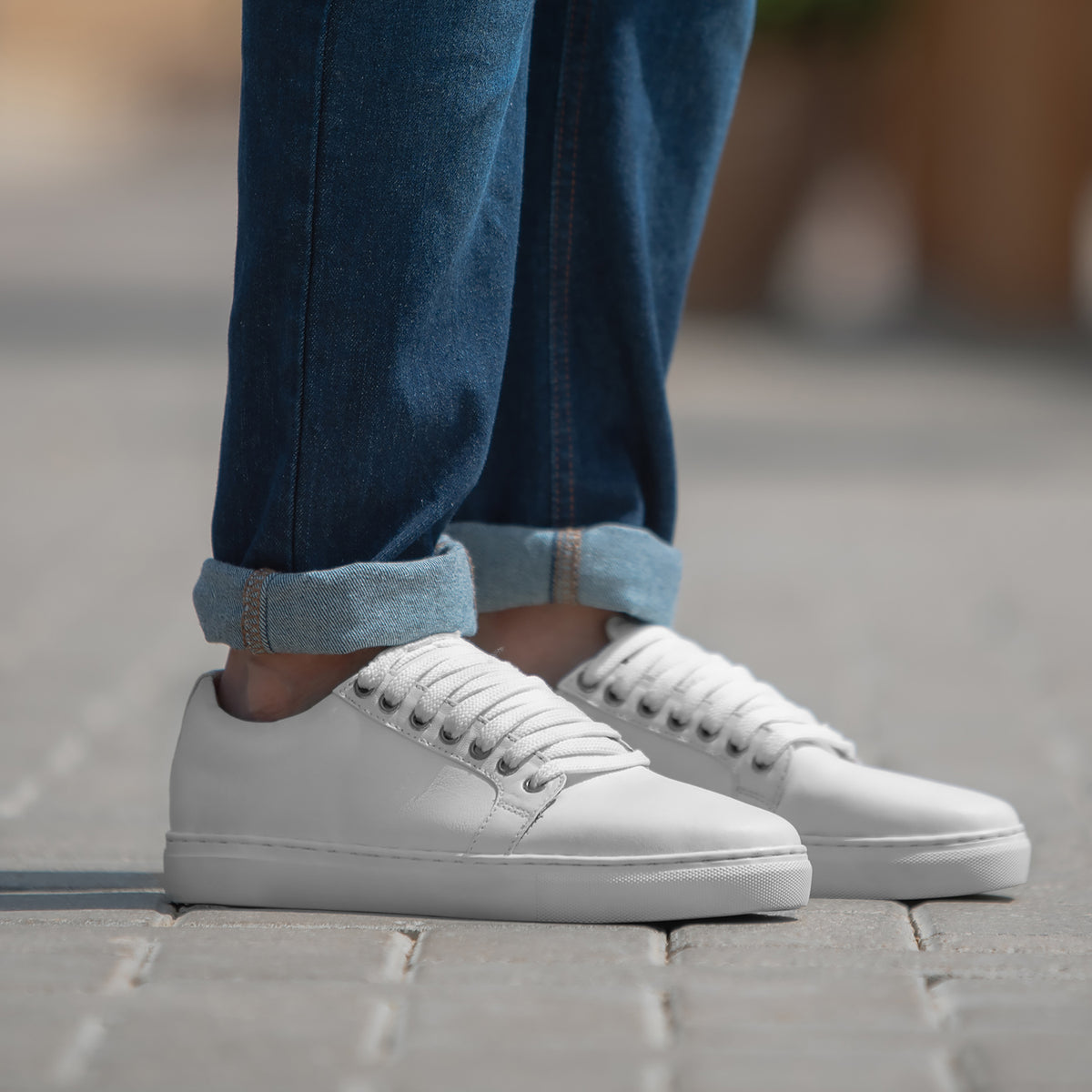 Illustrative example of white leather shoes mens